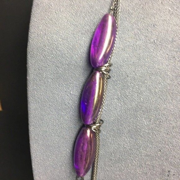 Iridescent Purple Multistrand Necklace Long Faceted Silver Mesh Chain Retro - Picture 2 of 9